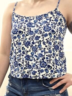 H&M Blue White Floral Tank Top Summer Boho Beachy Size 6